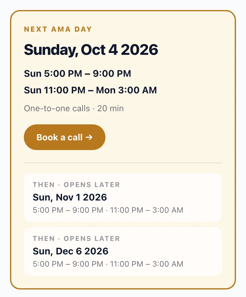 The Next AMA Day card with the call times and the Book a call button
